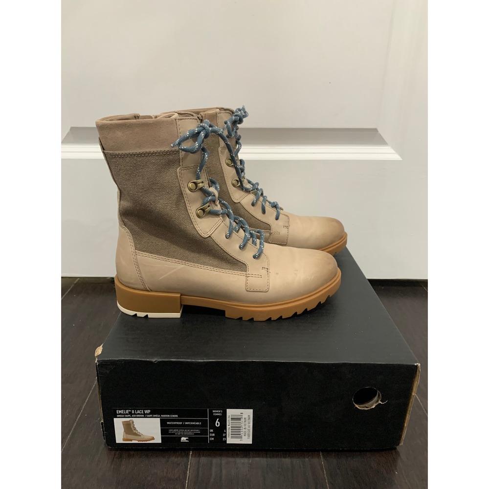 Sorel Emelie II Lace WP Omega Taupe Ash Brown Waterproof Boots NL4325-264 Size 6